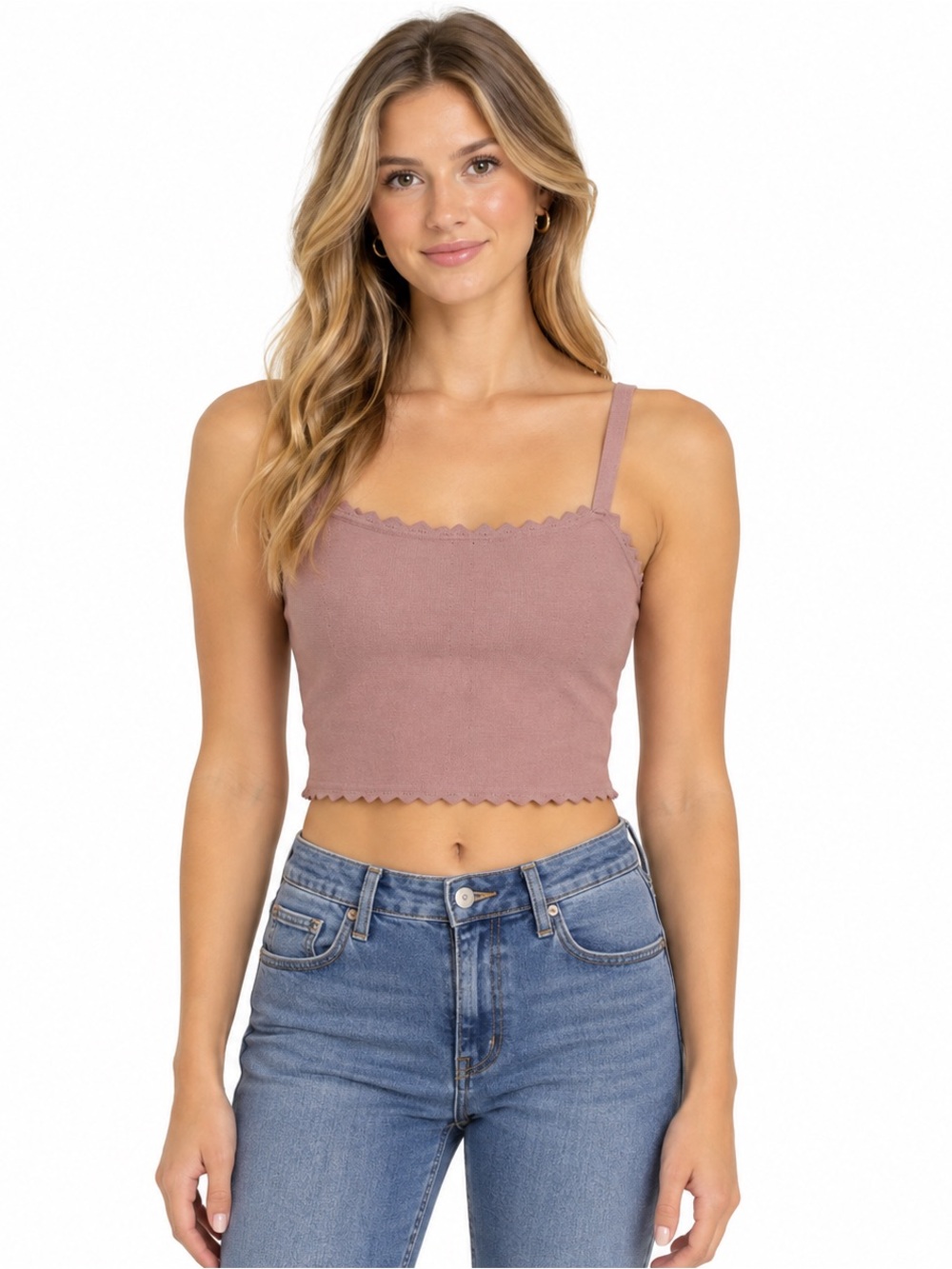 Zara Dusty Rose Scalloped Ribbed Crop Cami Size L